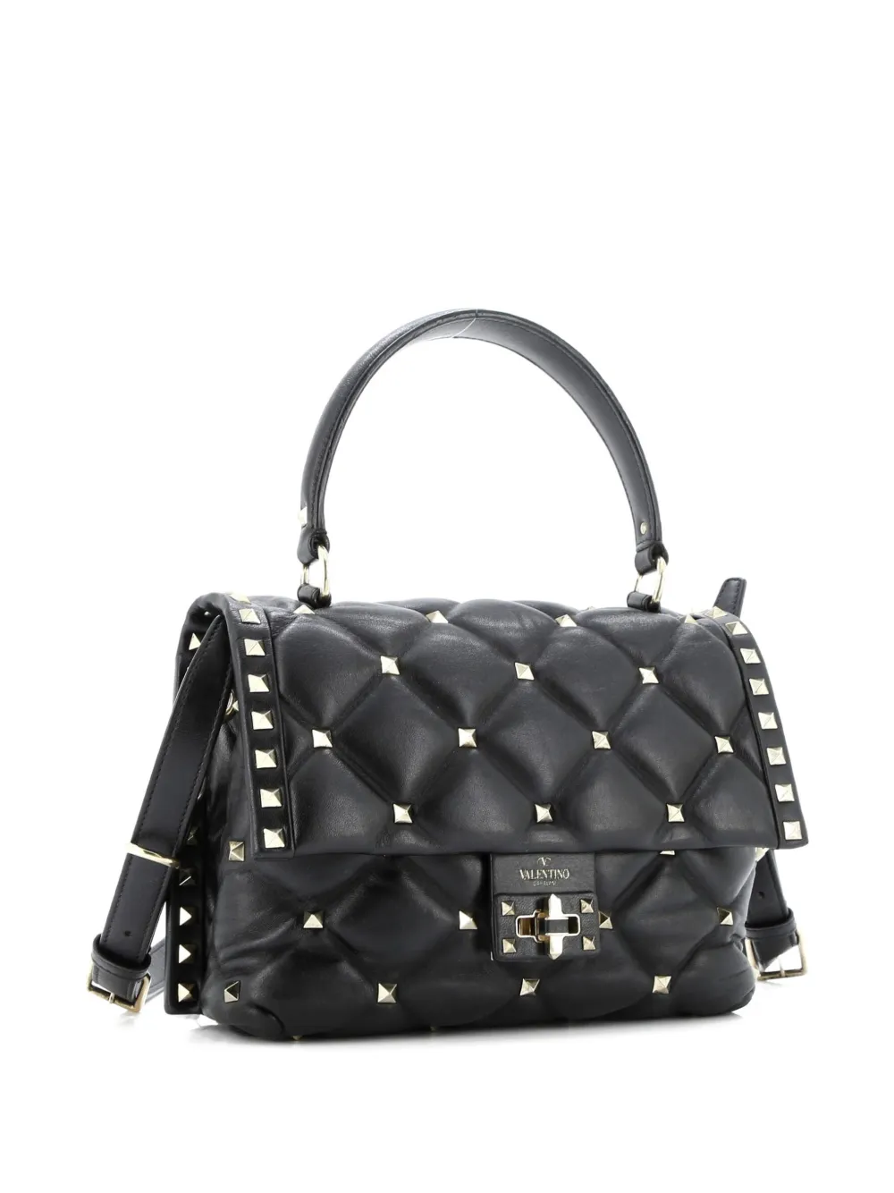 Pre-owned Valentino Garavani Candystud Top Handle Bag Leather Medium Shoulder Bag In Black