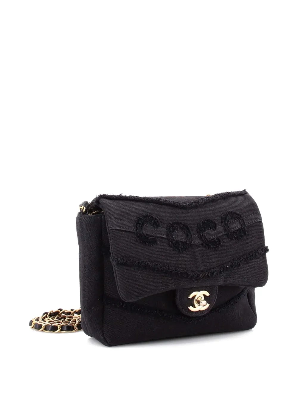 Pre-owned Chanel Coco Flap Bag Fringe Chevron Denim Small Shoulder Bag In Black