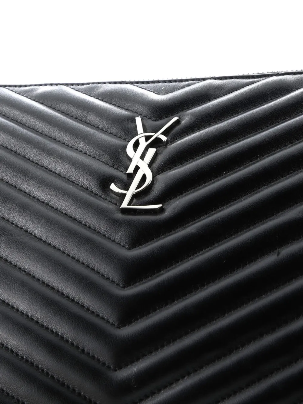 SAINT LAURENT Pre-owned Classic Monogram Wristlet Pouch Matelasse Chevron Leather Large Clutch Bag In Black