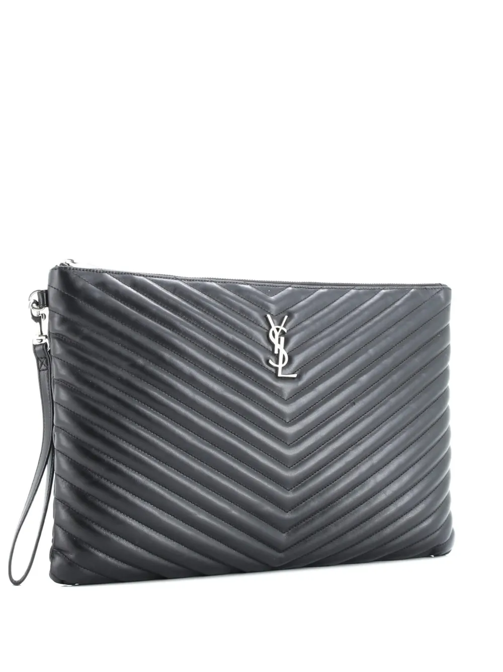 Click to view more detailed imagery on our partner's website Pre-owned Saint Laurent Classic Monogram Wristlet Pouch Matelasse Chevron Leather Large Clutch Bag In Black