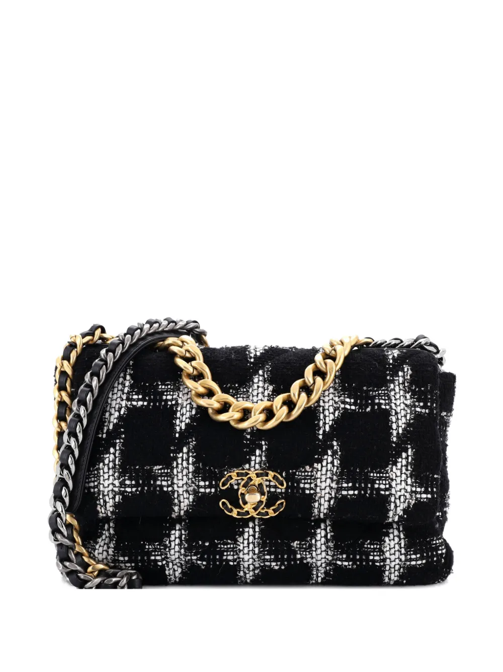 Click to view more detailed imagery on our partner's website Pre-owned Chanel 19 Flap Bag Quilted Houndstooth Tweed And Ribbon Large Crossbody Bag In Multi