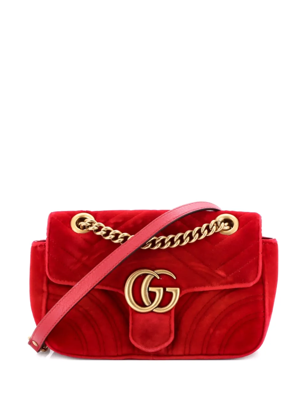 Pre-owned Gucci Gg Marmont Flap Bag Matelasse Velvet Small Shoulder Bag In Red