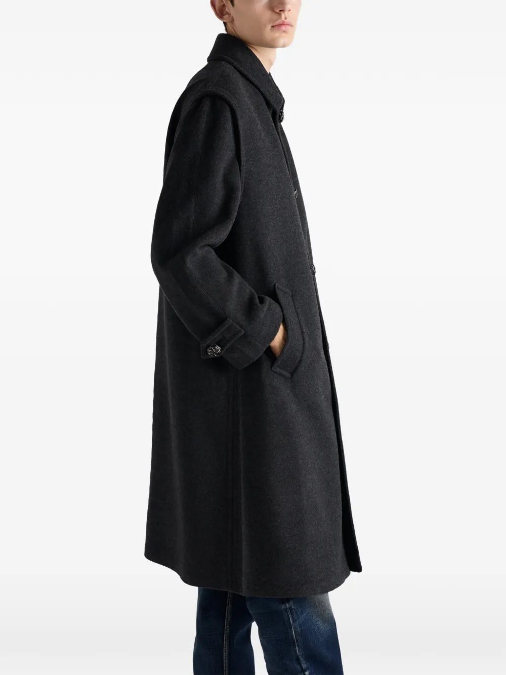 Prada Button Tab Wool Coat In Black