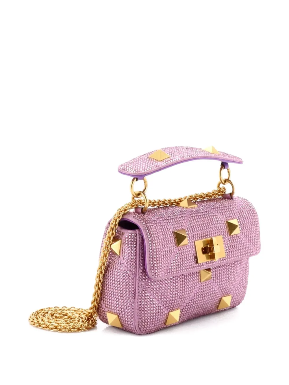 Pre-owned Valentino Garavani Roman Stud Flap Bag Embellished Suede Small Shoulder Bag In Purple