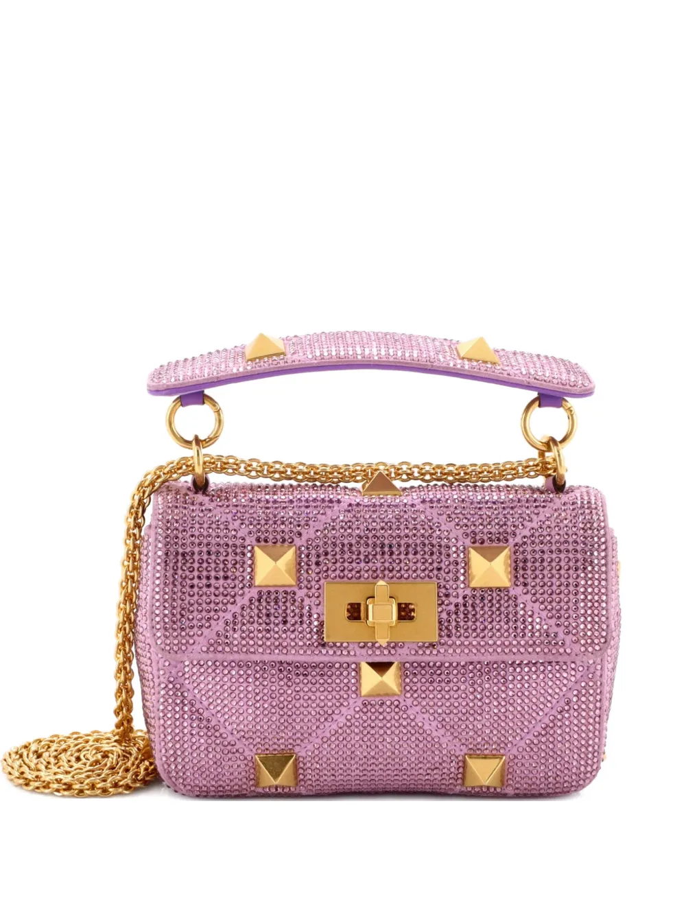 Pre-owned Valentino Garavani Roman Stud Flap Bag Embellished Suede Small Shoulder Bag In Purple