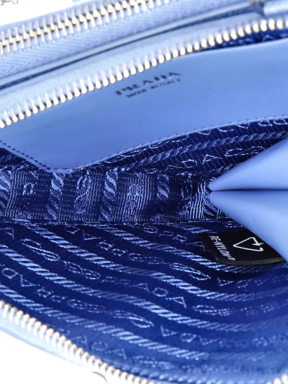 Pre-owned Prada Triangle Double Zip Pouch Bag With Chain Saffiano Leather Mini Crossbody Bag In Blue