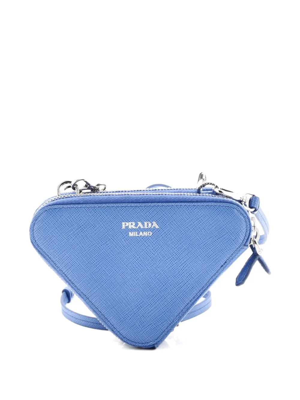 Pre-owned Prada Triangle Double Zip Pouch Bag With Chain Saffiano Leather Mini Crossbody Bag In Blue