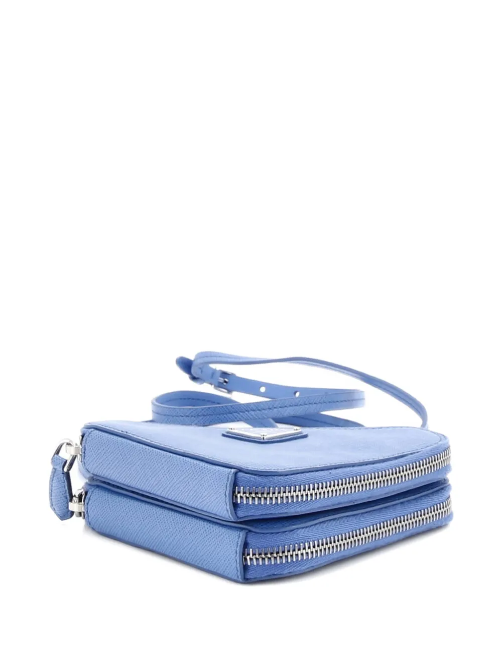 Pre-owned Prada Triangle Double Zip Pouch Bag With Chain Saffiano Leather Mini Crossbody Bag In Blue