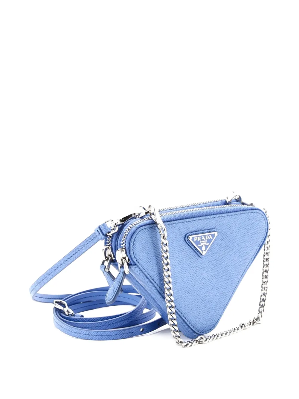 Pre-owned Prada Triangle Double Zip Pouch Bag With Chain Saffiano Leather Mini Crossbody Bag In Blue