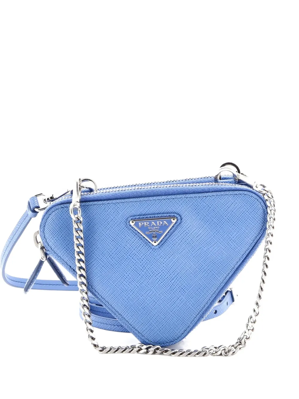 Prada Pre-Owned Triangle Double Zip Pouch Bag with Chain Saffiano Leather Mini crossbody bag - Blu