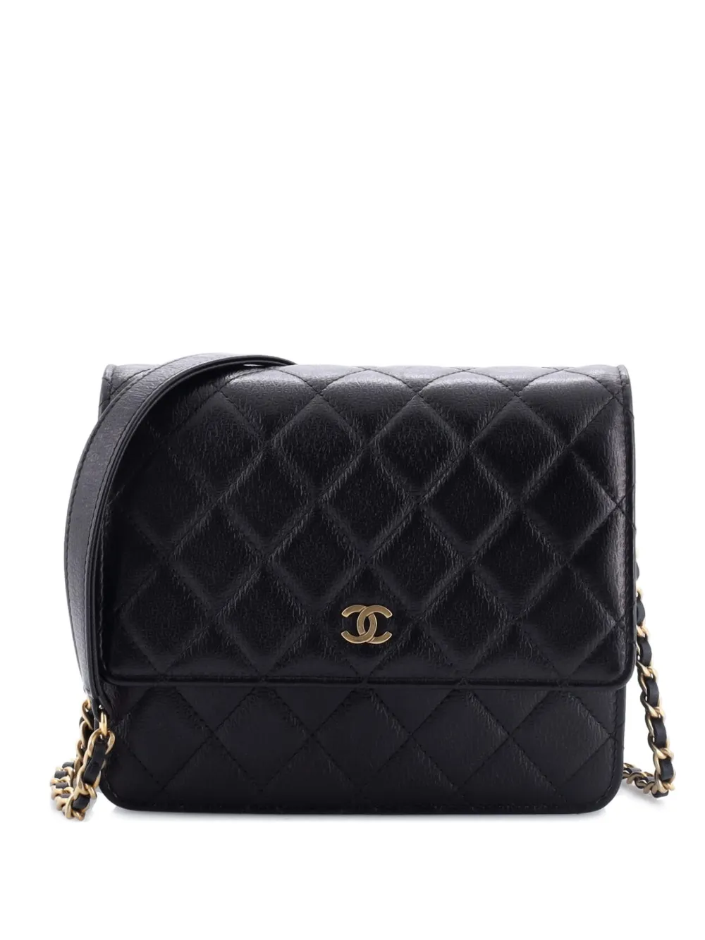 Click to view more detailed imagery on our partner's website Pre-owned Chanel Square Wallet On Chain Quilted Letter Embossed Calfskin Shoulder Bag In Black
