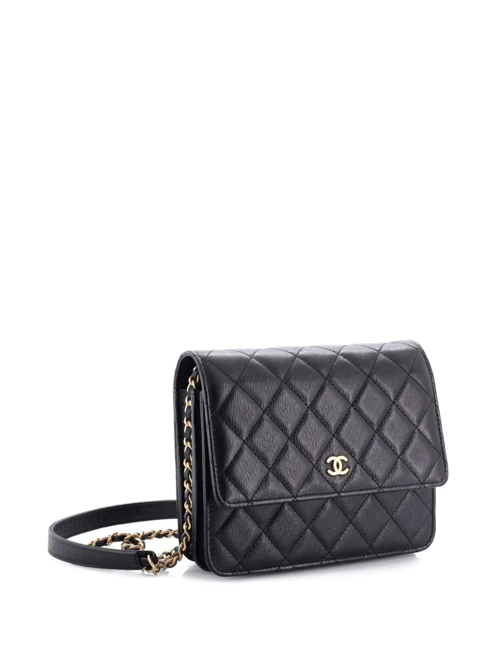 CHANEL Pre-owned Square Wallet On Chain Quilted Letter Embossed Calfskin Shoulder Bag In Black