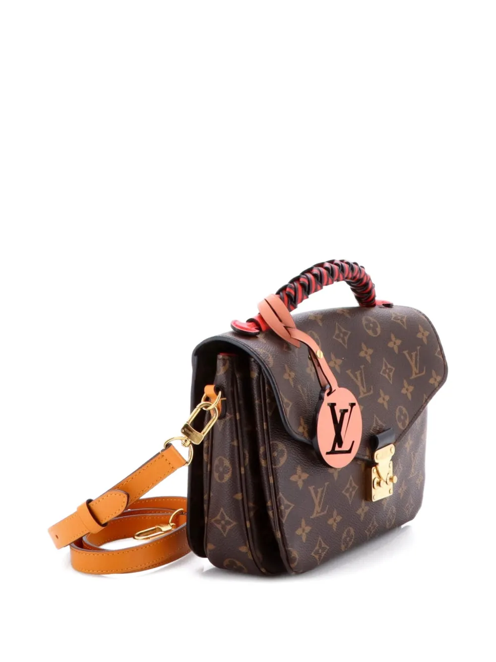 Pre-owned Louis Vuitton Braided Handle Pochette Metis Monogram Canvas With Leather Satchel In Brown