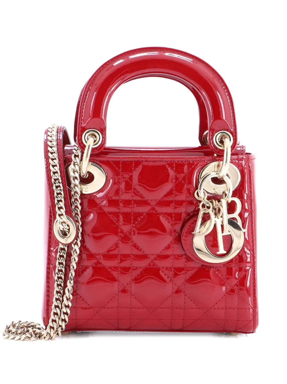 Pre-owned Dior Lady  Chain Bag Cannage Quilt Patent Mini Satchel In Red