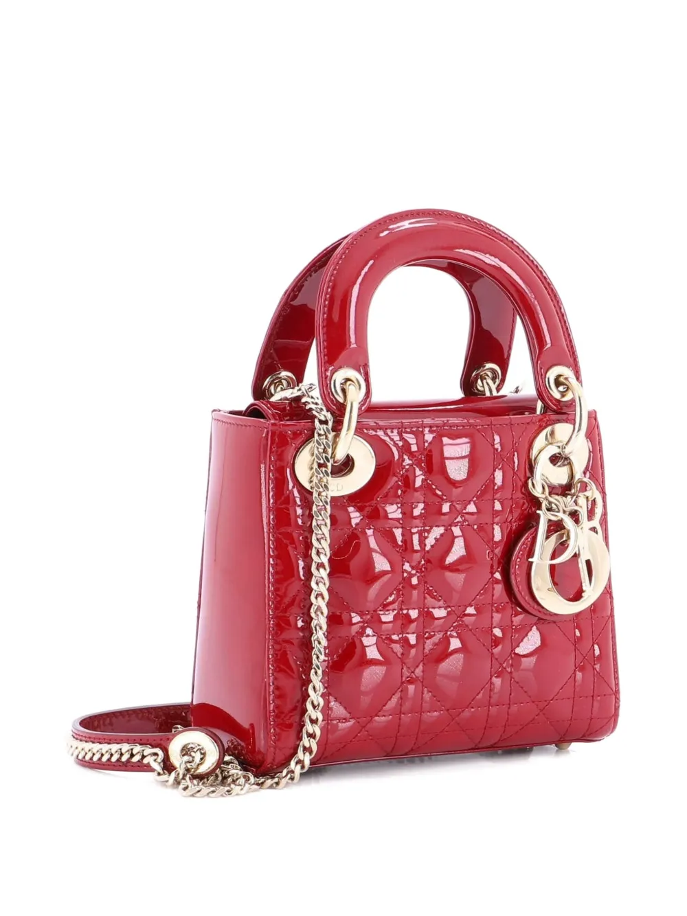 Pre-owned Dior Lady  Chain Bag Cannage Quilt Patent Mini Satchel In Red