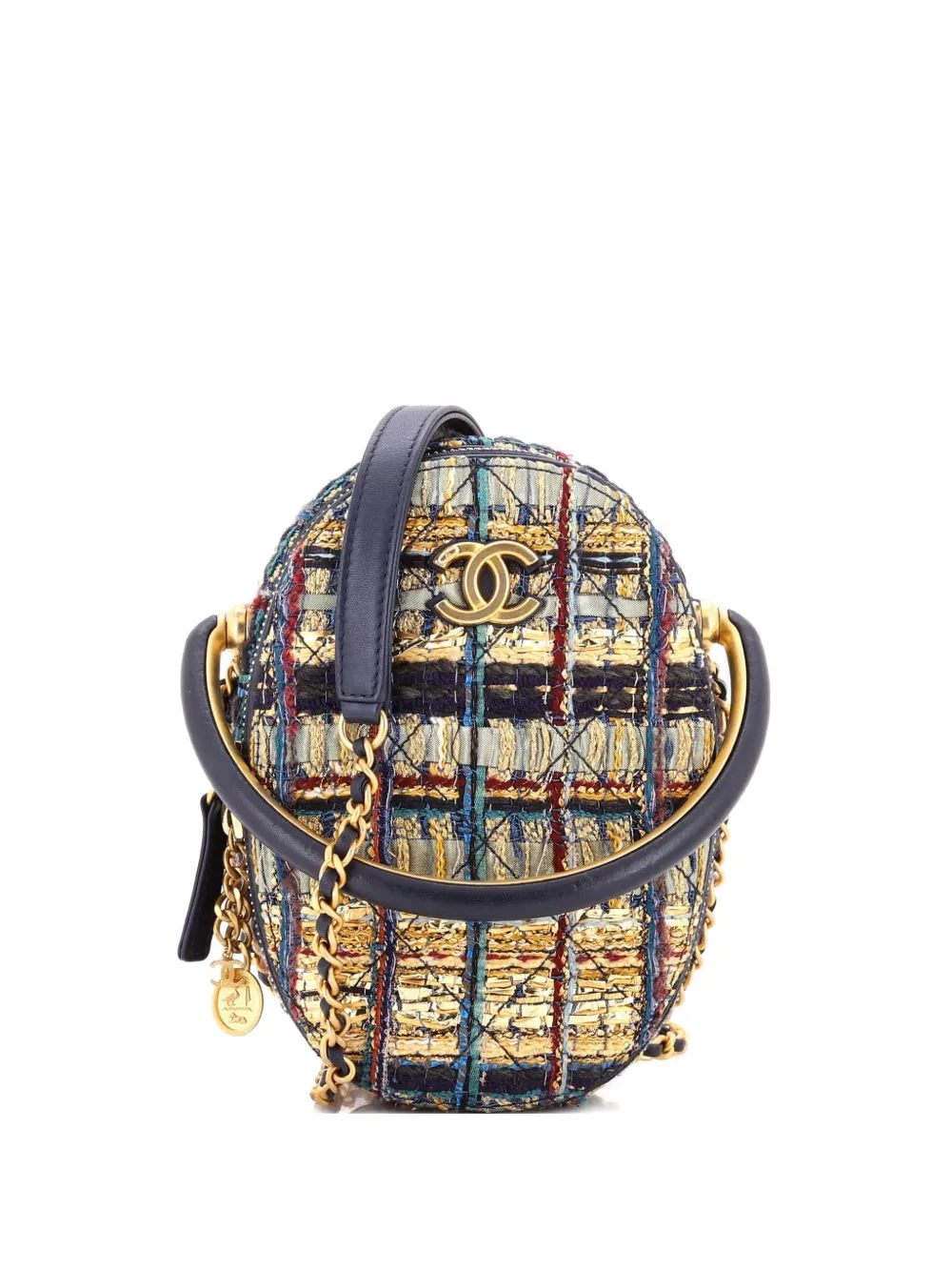 Pre-owned Chanel Paris-new York Oval Camera Case Quilted Tweed Small Crossbody Bag In Blue