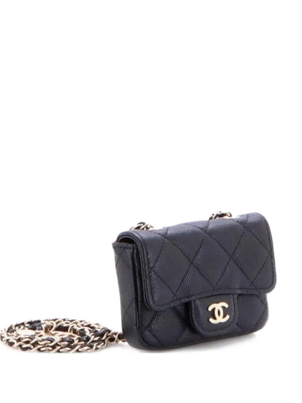 Pre-owned Chanel Classic Flap Chain Quilted Caviar Mini Belt Bag In Black