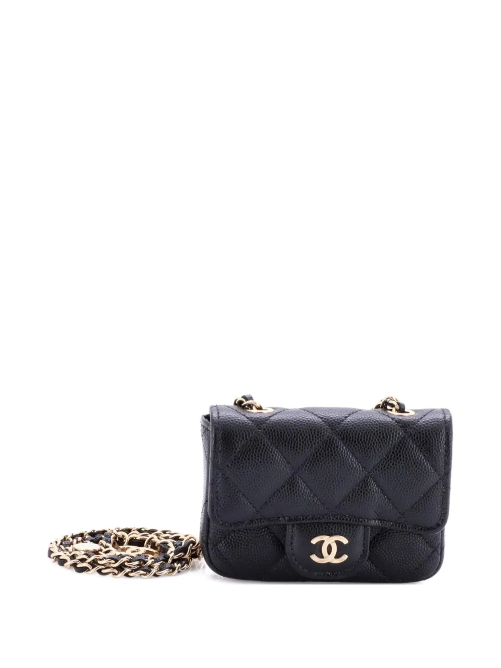 Pre-owned Chanel Classic Flap Chain Quilted Caviar Mini Belt Bag In Black