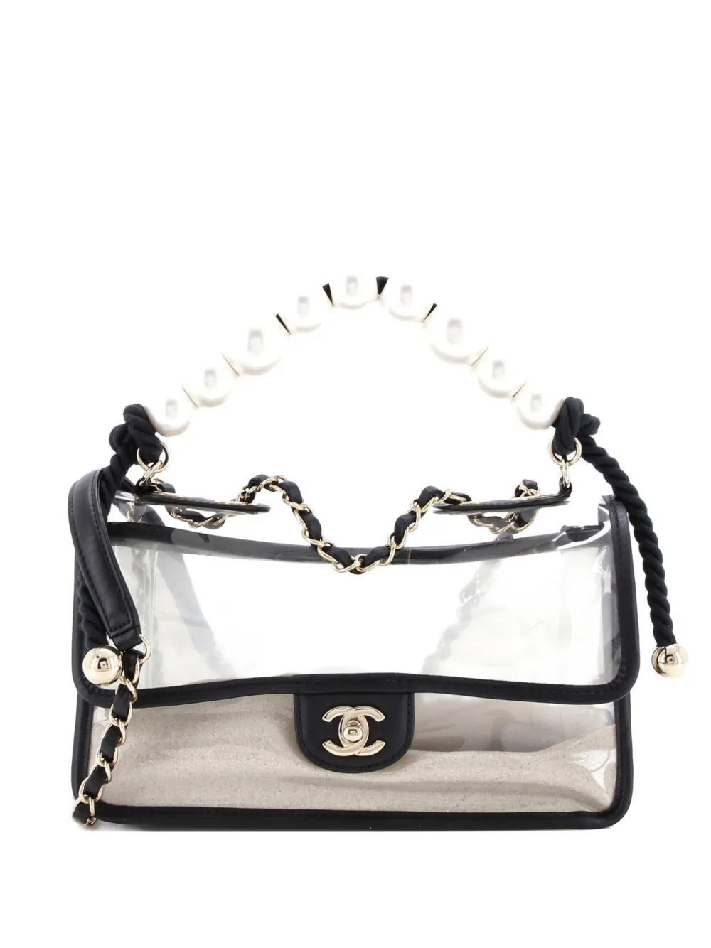 Pre-owned Chanel Sand By The Sea Pearl Flap Bag Pvc With Lambskin Medium Shoulder Bag In Black