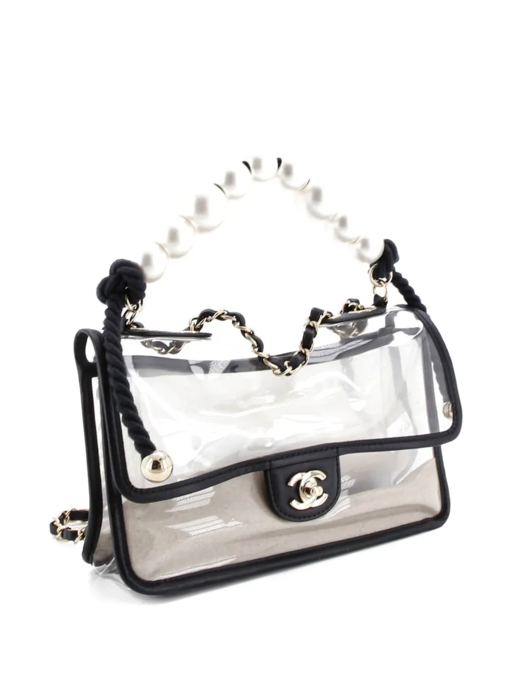 Pre-owned Chanel Sand By The Sea Pearl Flap Bag Pvc With Lambskin Medium Shoulder Bag In Black