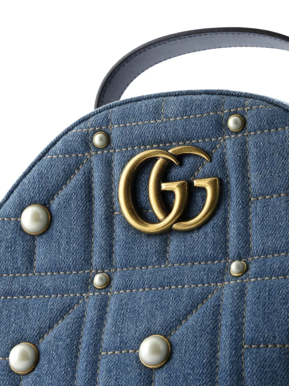 Pre-owned Gucci Pearly Gg Marmont Embellished Matelasse Denim Small Backpack In Blue