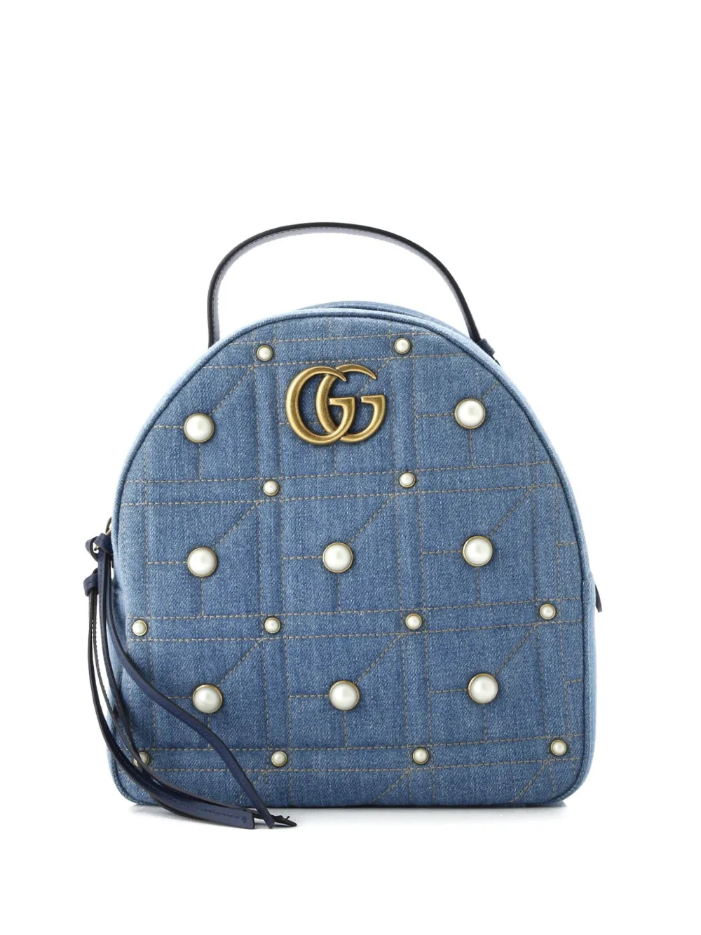 Pre-owned Gucci Pearly Gg Marmont Embellished Matelasse Denim Small Backpack In Blue