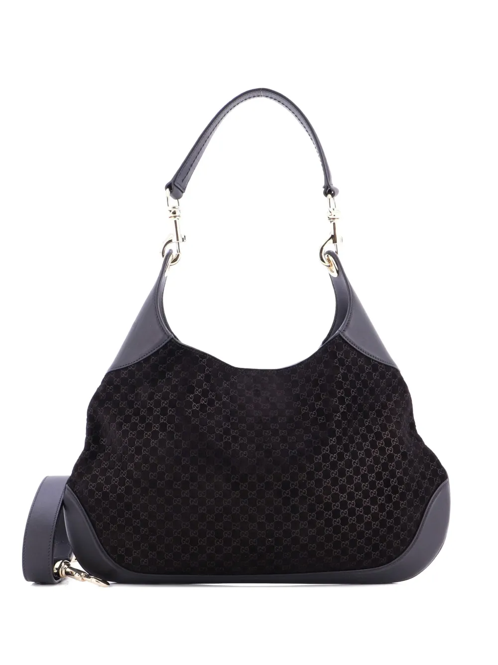 Pre-owned Gucci B Gg Suede Medium Shoulder Bag In Black