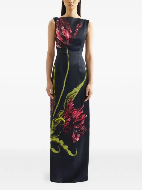 elegant long black dress Off White and Black Floral Print Maxi Dress