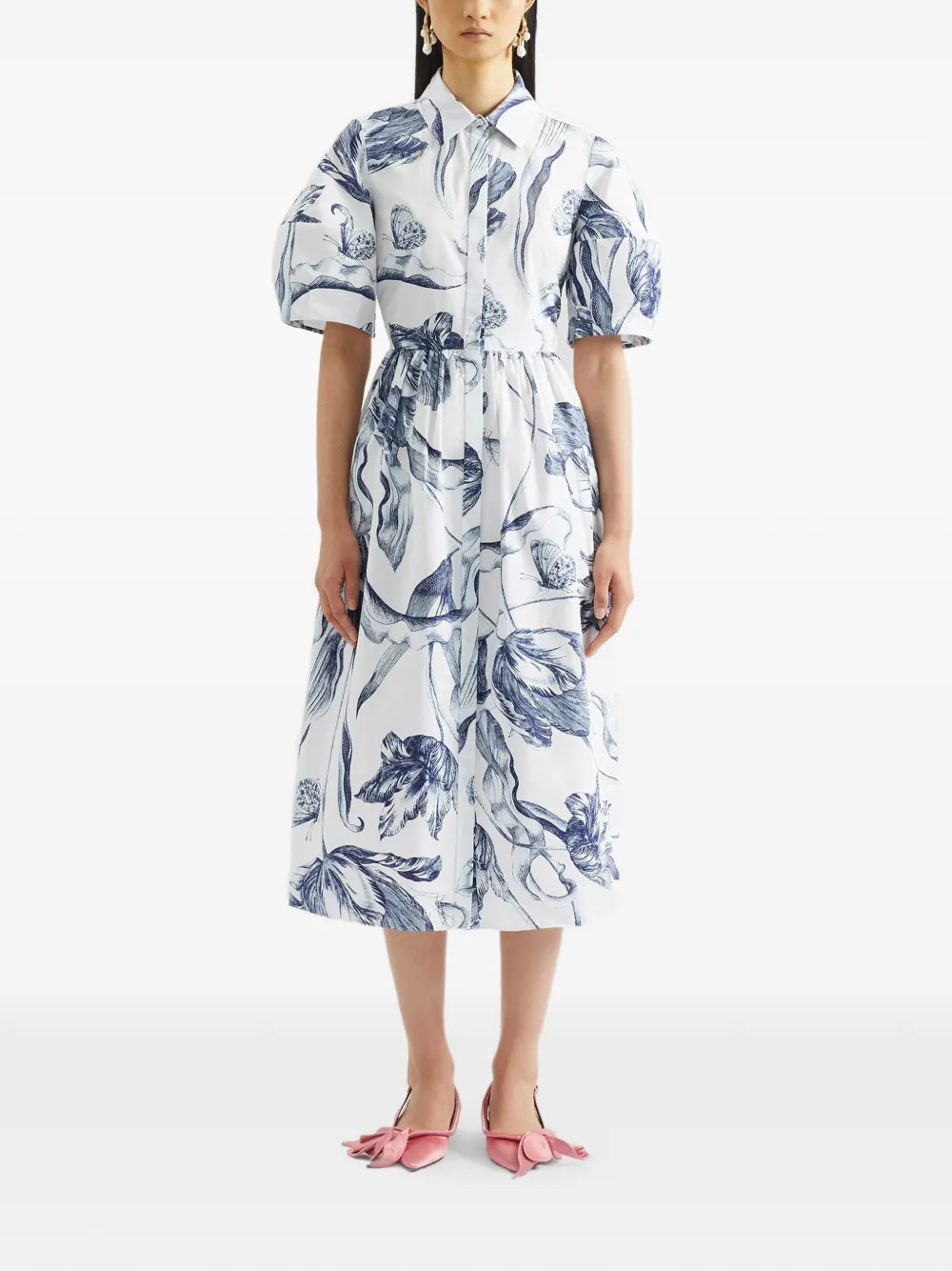 Floral-Print Short-Sleeve Midi Shirt Dress