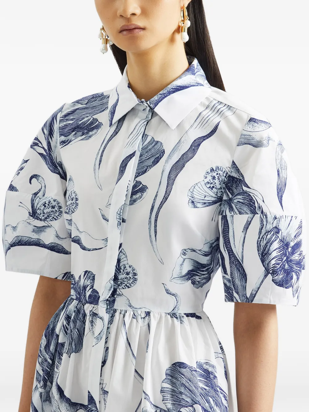 Floral-Print Short-Sleeve Midi Shirt Dress