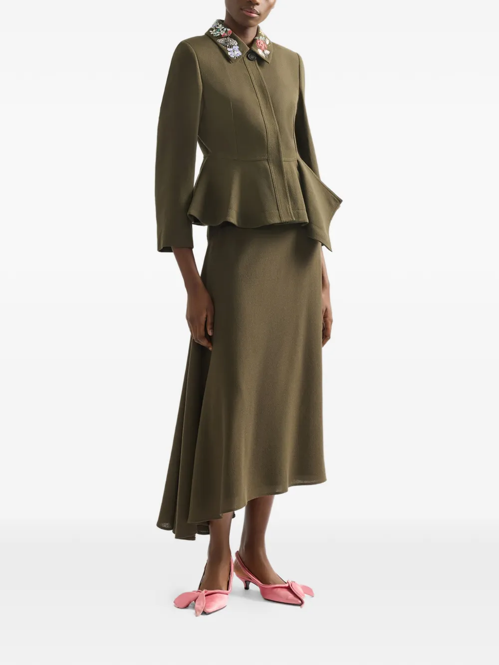  Erdem Embroidered-collar Peplum Fitted Jacket - Green 