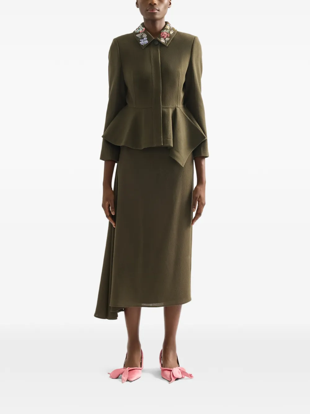  Erdem Embroidered-collar Peplum Fitted Jacket - Green 