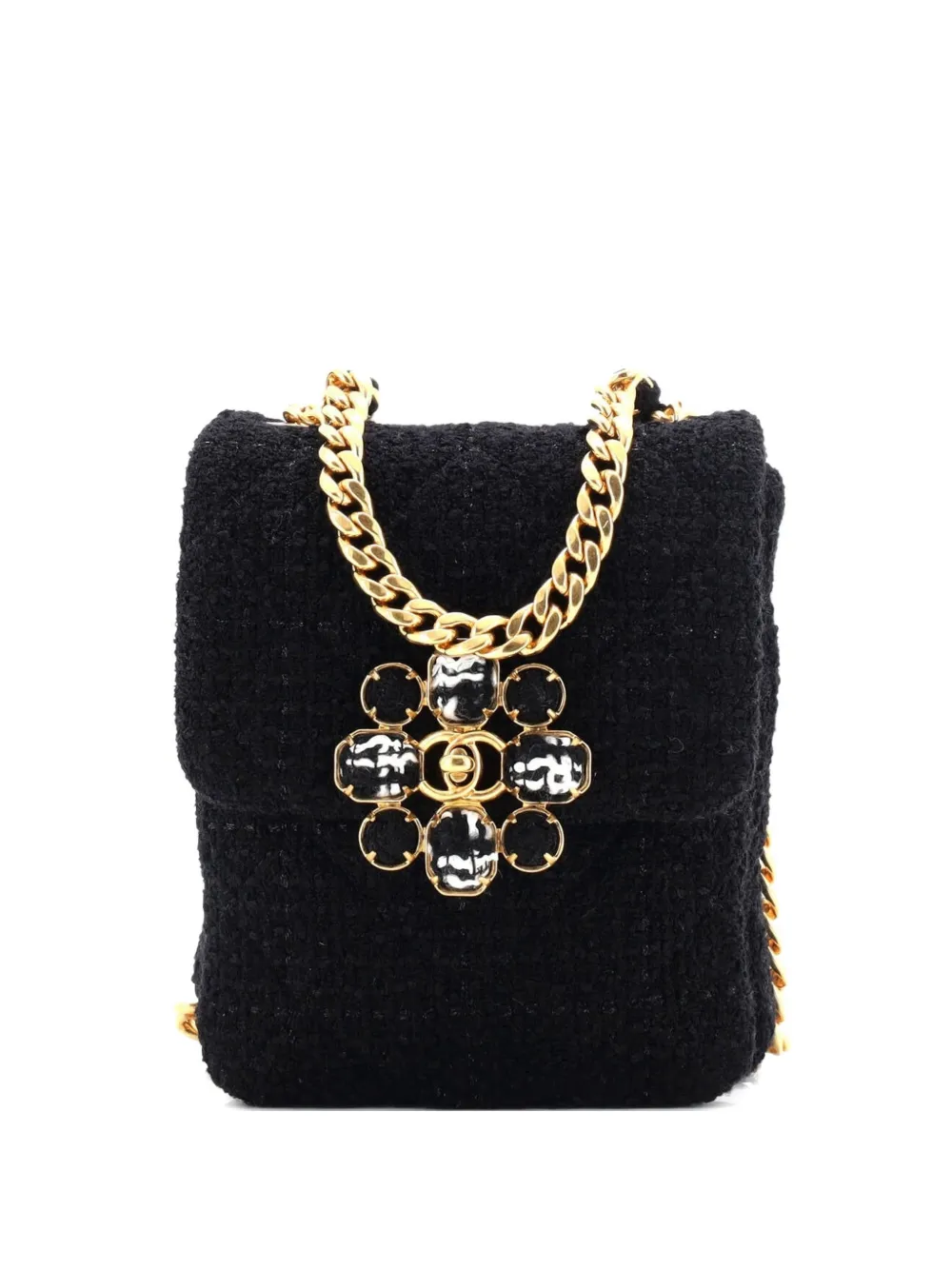 Click to view more detailed imagery on our partner's website Pre-owned Chanel North South Cc Bijoux Chain Flap Quilted Tweed Mini Shoulder Bag In Black