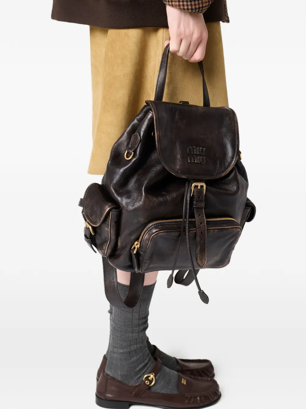 Miu Miu Leather Large Backpack In Brown