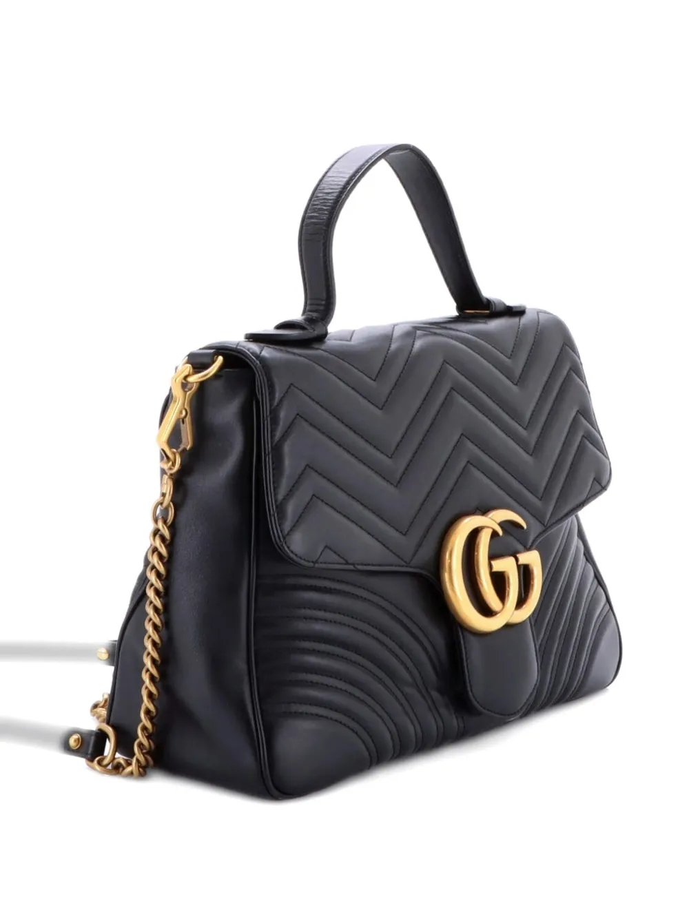 Pre-owned Gucci Gg Marmont Top Handle Flap Bag Matelasse Leather Medium Satchel In Black