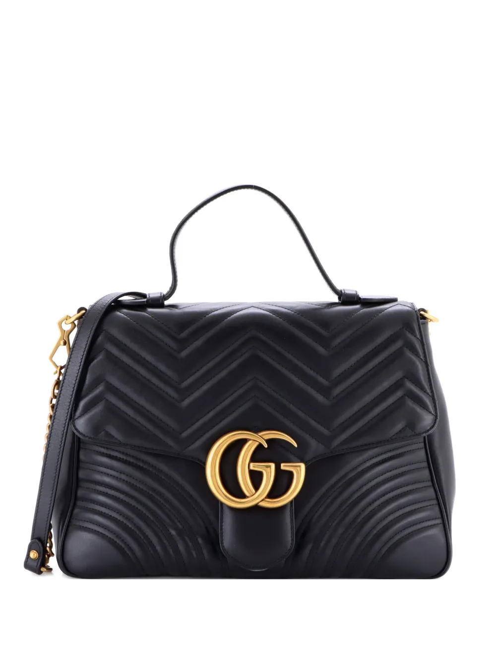 Pre-owned Gucci Gg Marmont Top Handle Flap Bag Matelasse Leather Medium Satchel In Black