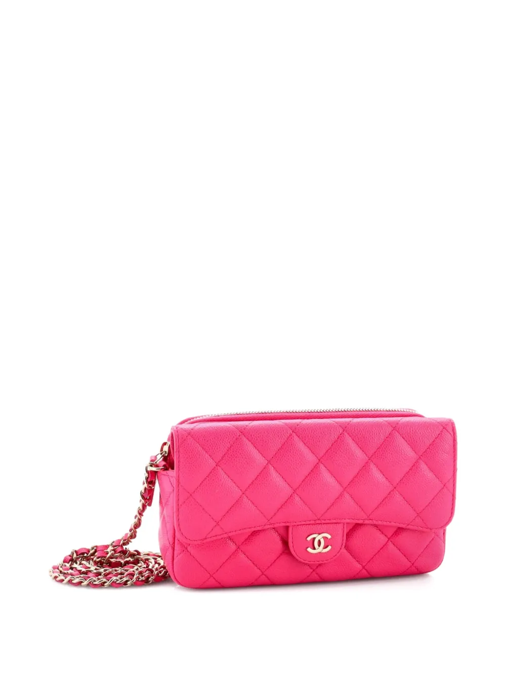 Pre-owned Chanel Classic Flap Phone Holder With Chain Quilted Caviar Clutch Bag In Pink