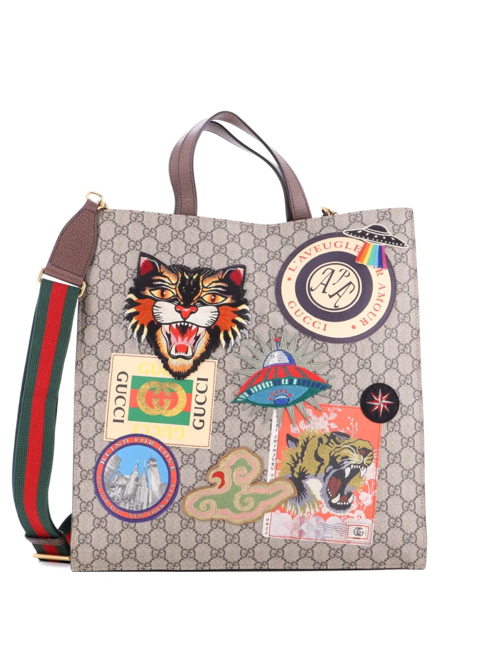 Click to view more detailed imagery on our partner's website Pre-owned Gucci Courrier Convertible Soft Open Gg Coated Canvas With Applique North South Tote Bag In Brown