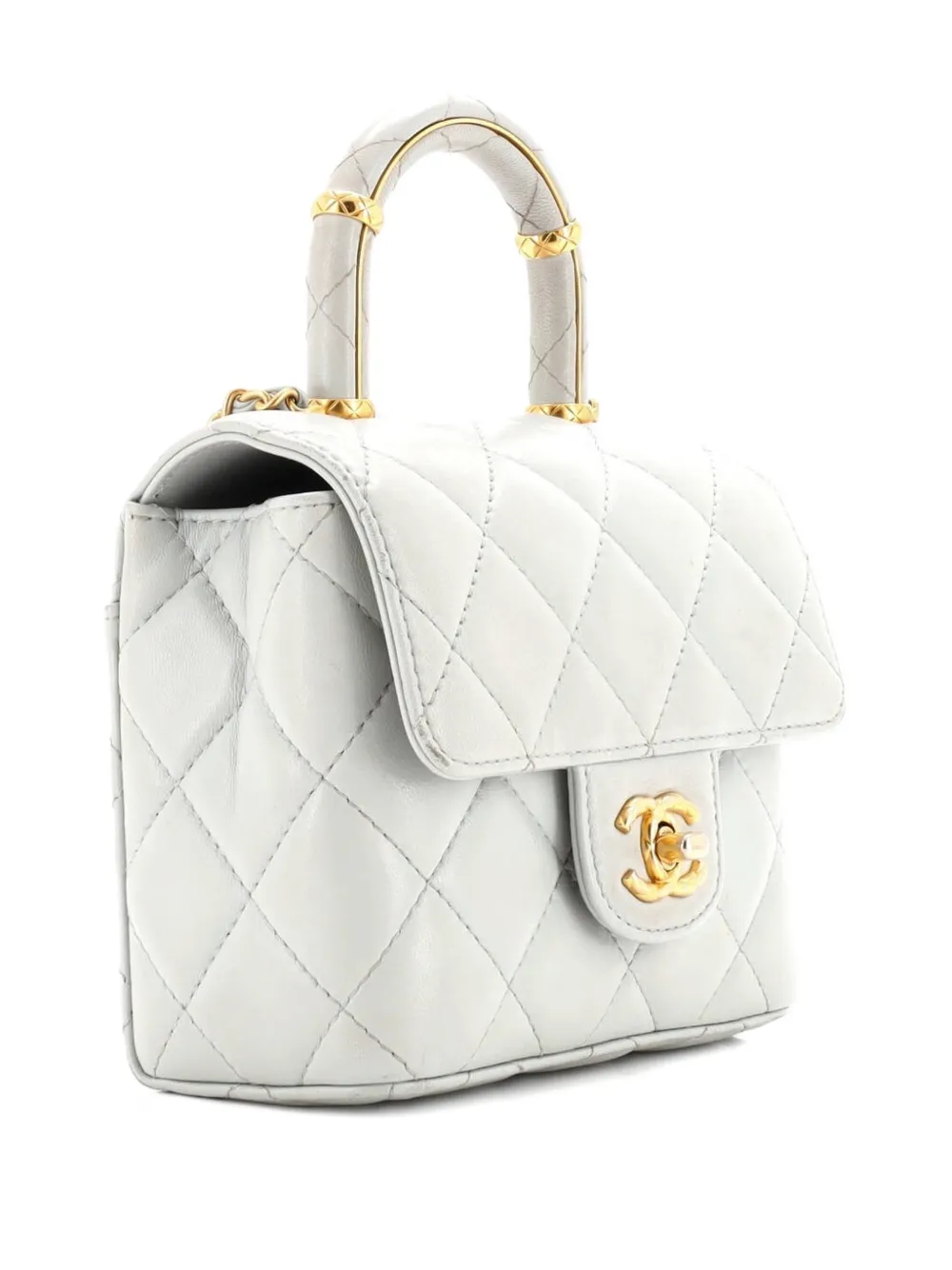 Pre-owned Chanel Crush Top Handle Flap Bag Quilted Lambskin Mini Crossbody Bag In Gray