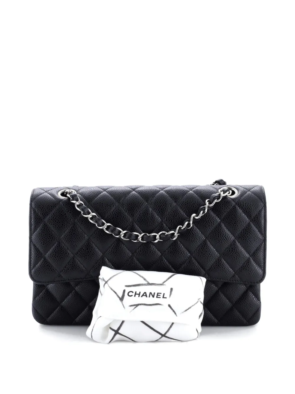 Pre-owned Chanel Classic Double Flap Bag Quilted Caviar Medium Shoulder Bag In Black
