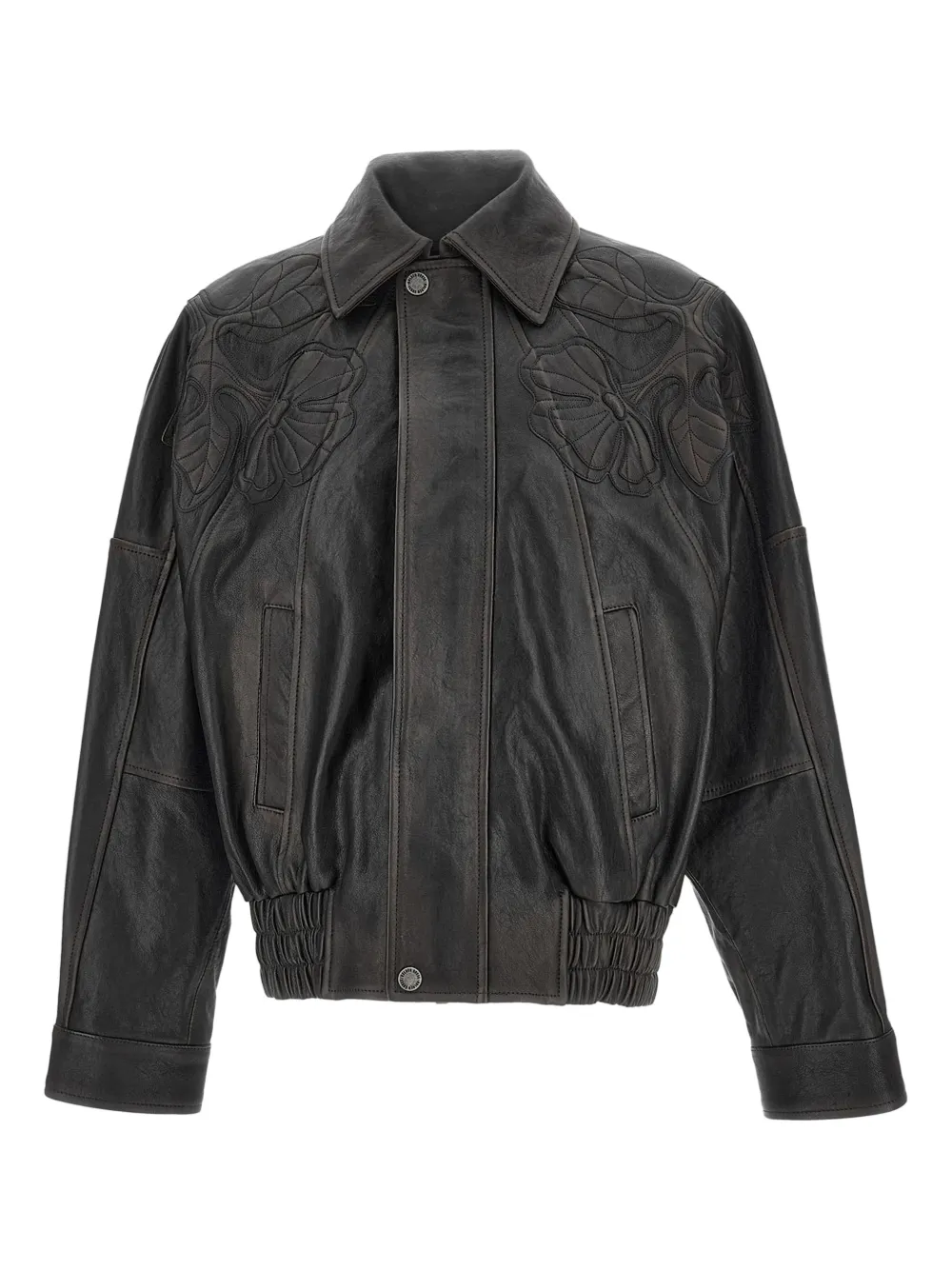 Golden Goose Floral-embroidered Leather Bomber Jacket In Black
