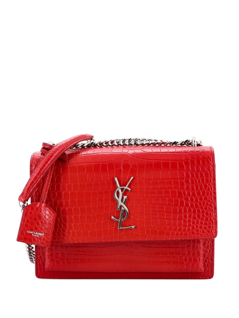 Pre-owned Saint Laurent Sunset Crocodile Embossed Leather Medium Crossbody Bag In Red