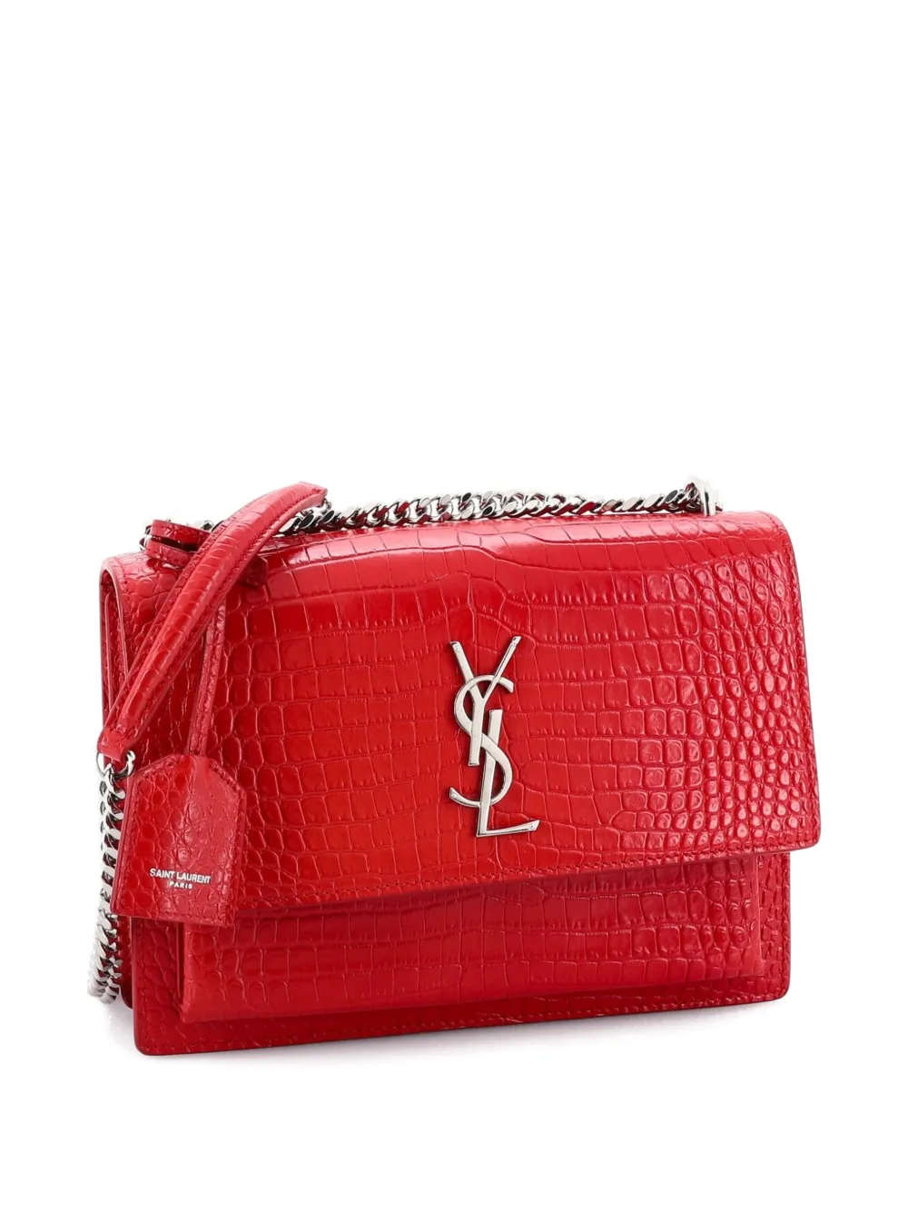 Pre-owned Saint Laurent Sunset Crocodile Embossed Leather Medium Crossbody Bag In Red