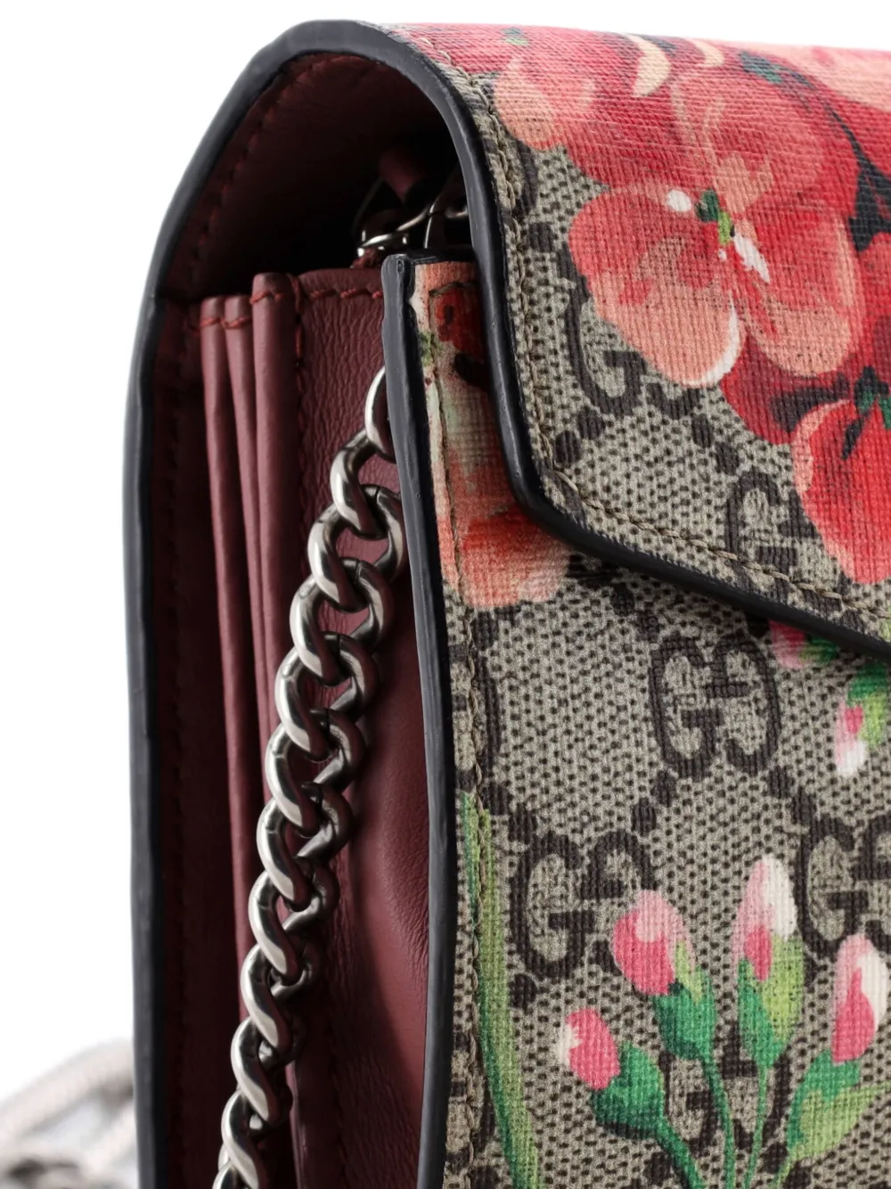 GUCCI Pre-owned Dionysus Chain Wallet Blooms Print Gg Coated Canvas Small Crossbody Bag In Brown