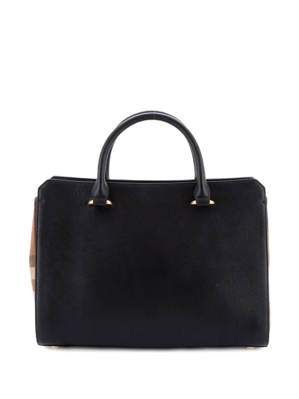 Pre-owned Burberry Banwell Leather And House Check Canvas Small Tote Bag In Black