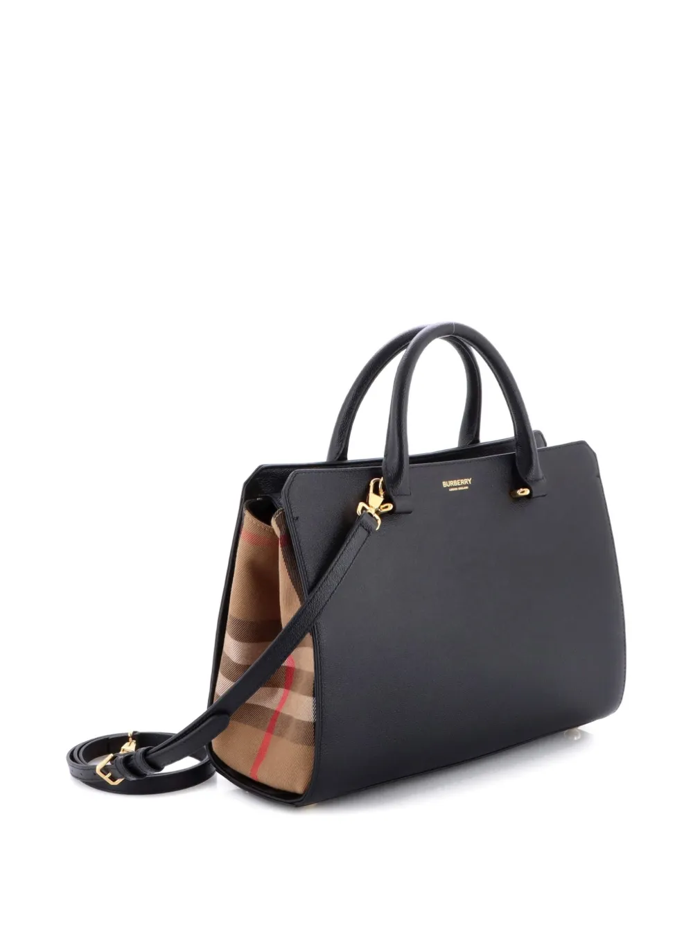 Pre-owned Burberry Banwell Leather And House Check Canvas Small Tote Bag In Black