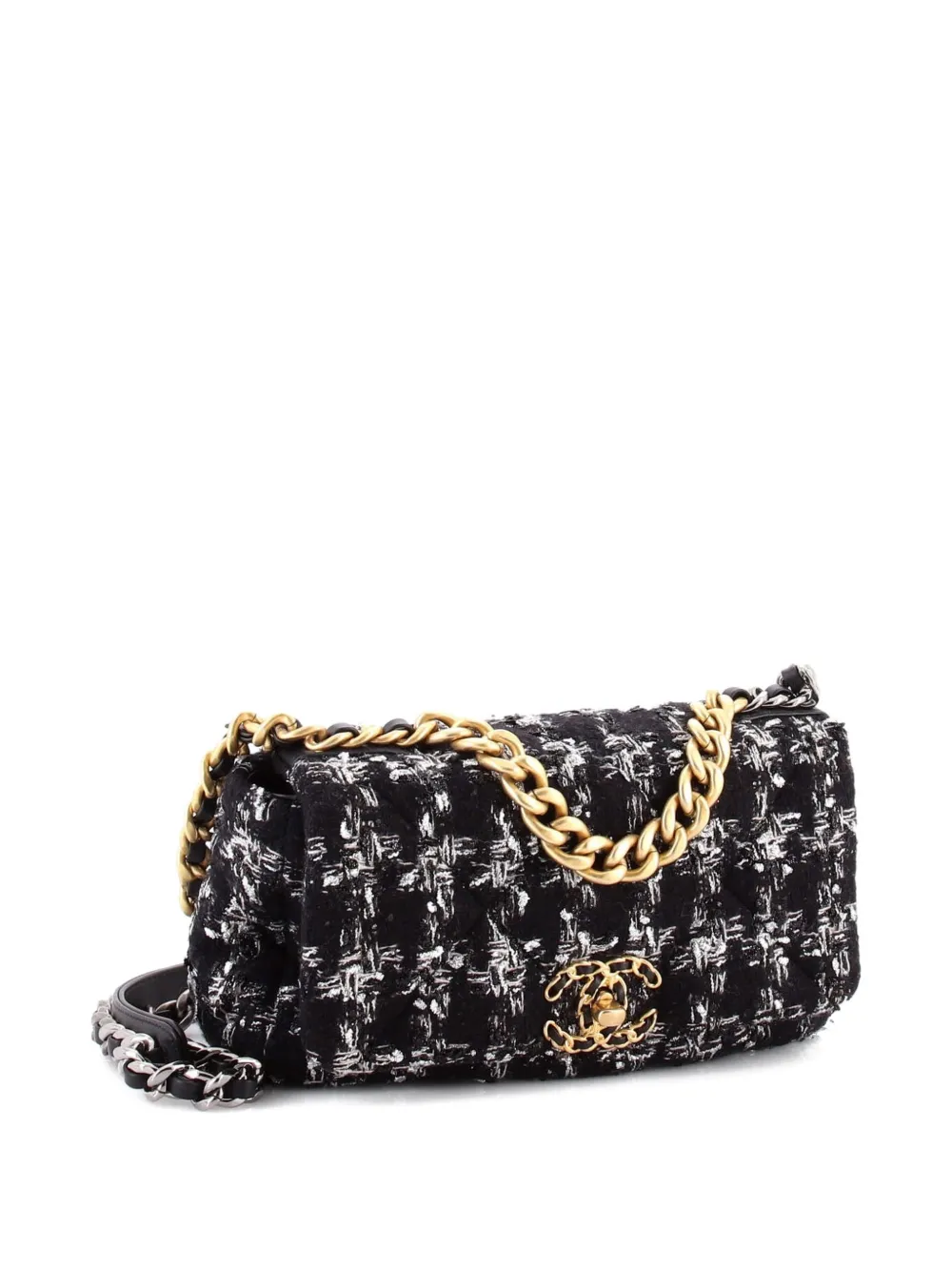 Pre-owned Chanel 19 Flap Bag Quilted Houndstooth Tweed And Ribbon Medium Shoulder Bag In Black