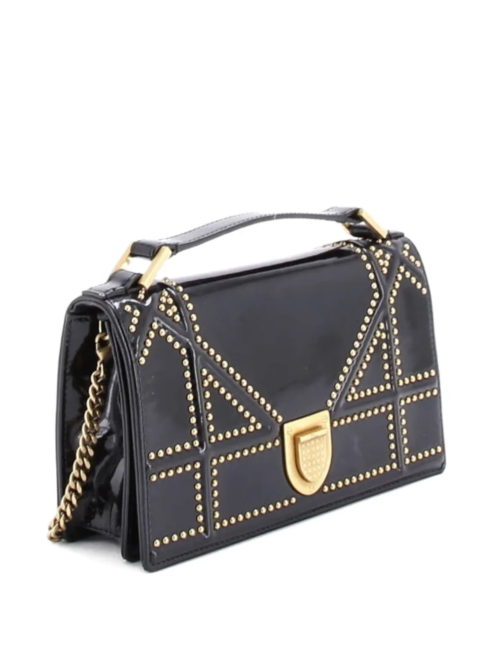 Pre-owned Dior Ama Chain Flap Clutch Studded Patent Crossbody Bag In Black