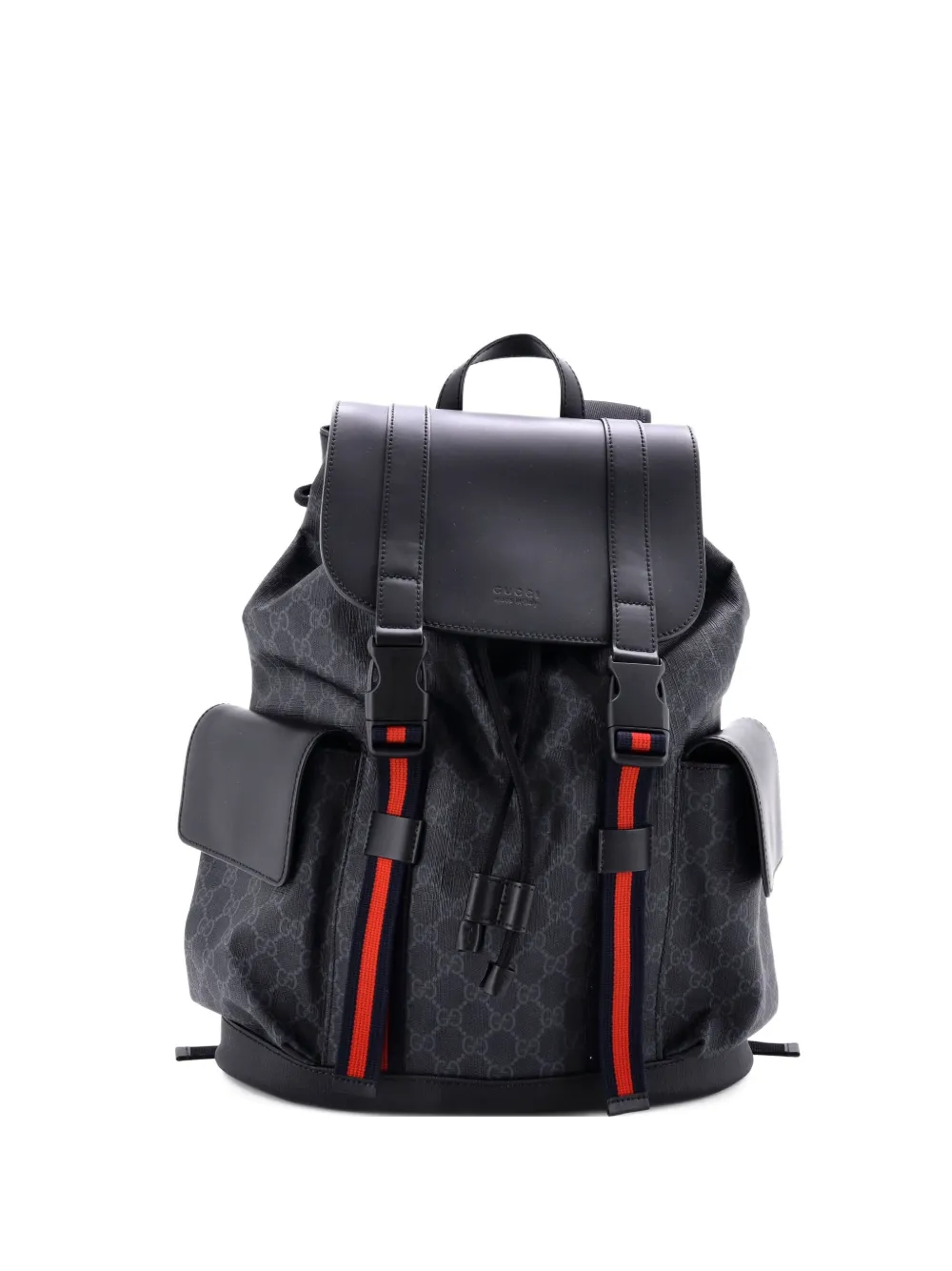 Pre-owned Gucci Double Pocket Buckle Gg Coated Canvas Large Backpack In Black