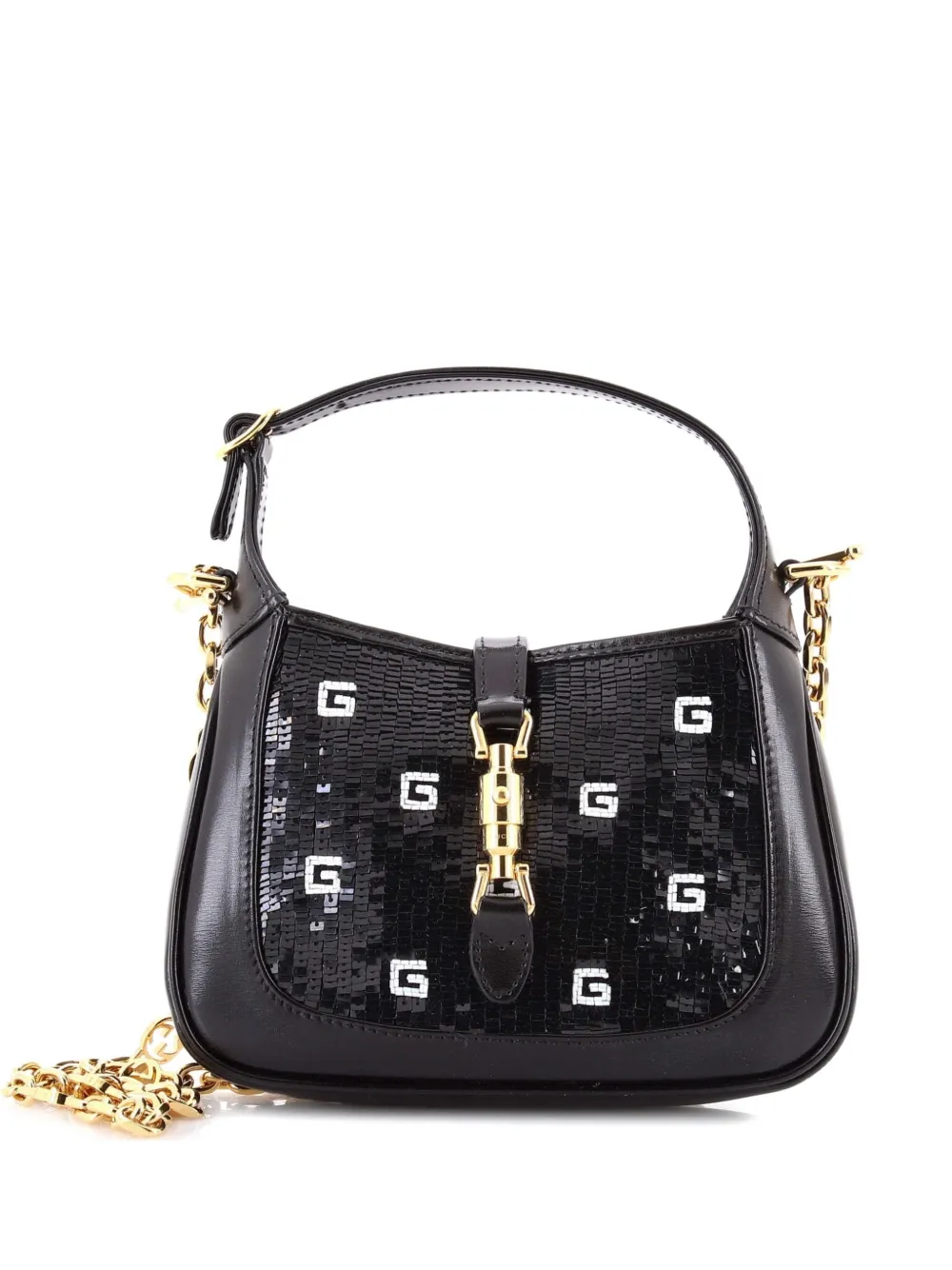 Gucci Pre-Owned Jackie 1961 Chain Crystal GG Embellished Fabric with Lizard Mini hobo bag - Nero